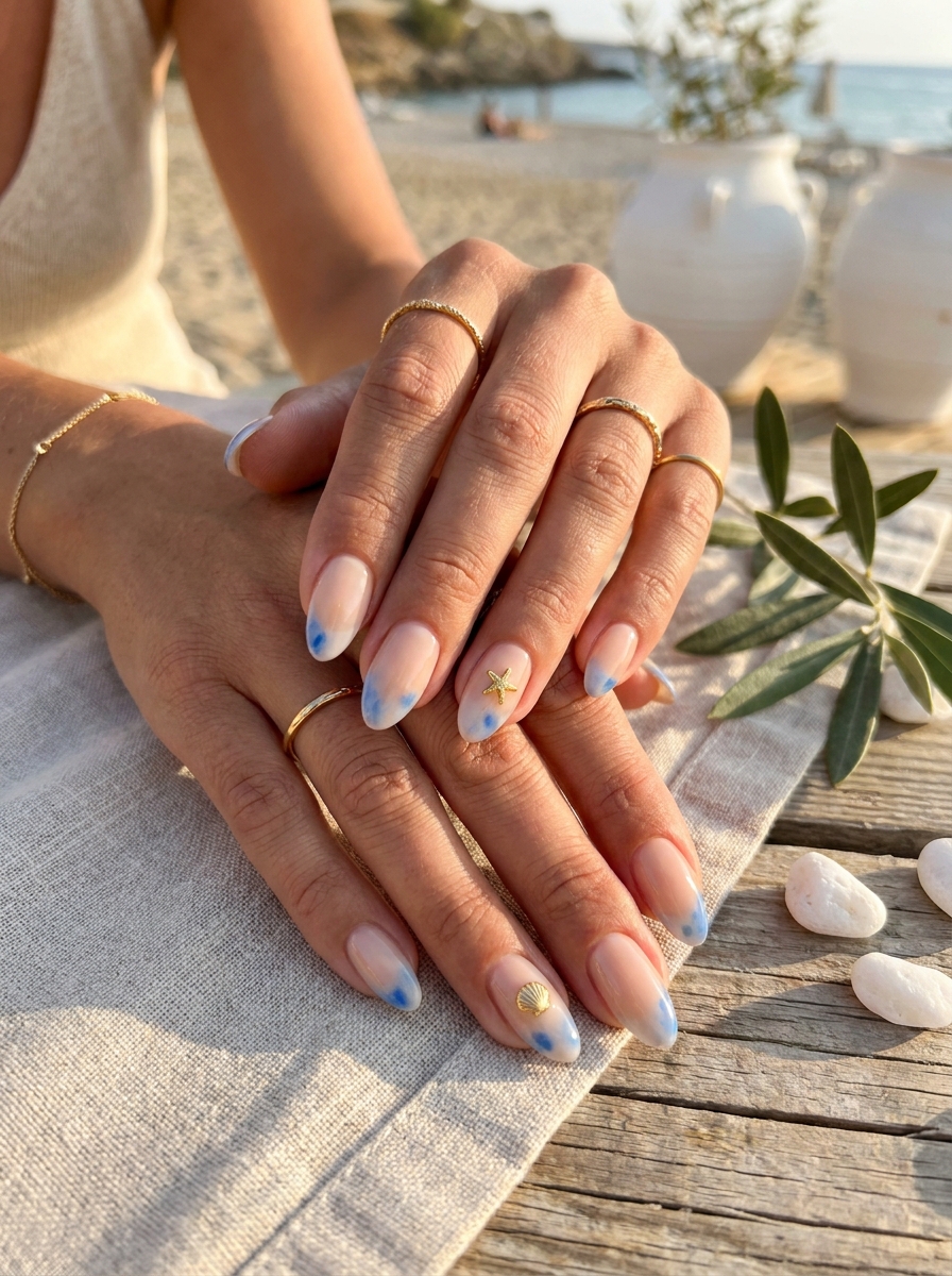 Gold Shell Greece Nails mit kleinen goldenen Muschel-Details